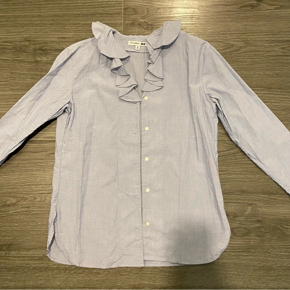 Uniqlo x JW Anderson Women Ruffle Long Sleeve Shirt Blouse Top Blue Size XS
